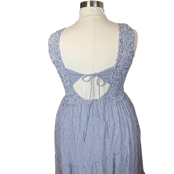 Free People Juno Tiered Maxi Dress Large Blue Striped Cotton Smocked Boho Flowy - Picture 8 of 16